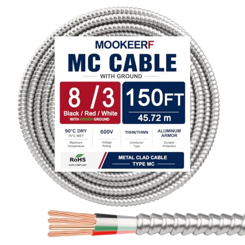 MOOKEERF 8/3 MC Cable with Ground - 150FT Pure Copper 8AWG/3 Metal Clad Wire with Aluminum Armor 8 Gauge 3 Conductor Type MC Alum Cable