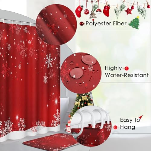 Rideau de douche flocon de neige rouge et tapis assortis pour une salle de bain festive