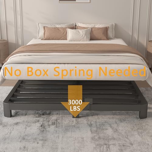 Image of 4 Inch Full Bed Frame, Platform Bed Frames with Metal Gaskets, Anti-Slip Mattress Stopper, No Box Spring Needed, Heavy Duty Steel Slat Support, Round Corner Leg, Easy Assembly, Black