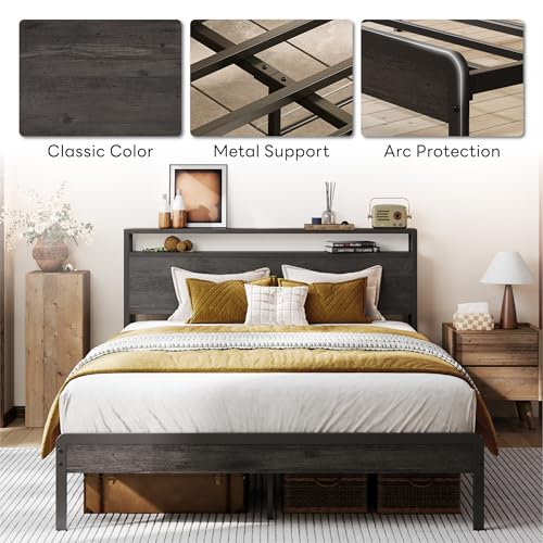 Image of LIKIMIO Full Bed Frame with Headboard, Dark Wood Camas Full with Strong Supports, Sturdy, Noise-Free, No Box Spring Needed, Charcoal Grey