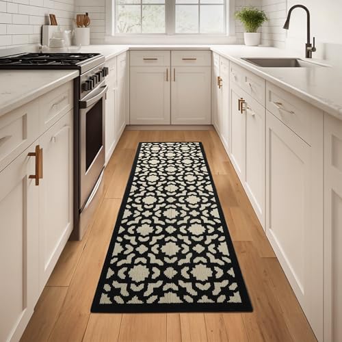Image of 2x6 Washable Runner Rug for Hallway, Non Slip Low-Pile Kitchen Rug, Durable Soft Floor Carpet Runners for Entryway, Bedroom, Bathroom, Laundry Room, Black Flower