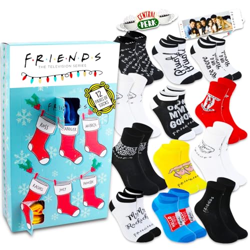 Friends Countdown Christmas Advent Calendar Socks Set - Bundle with 12 Pairs of Friends Socks for Adults Plus Bookmark | Friends Sock Box Set for Men, Women