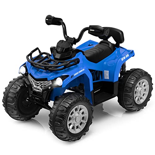 Costzon Kids ATV, 12V Four Wheeler Quad Electric Vehicle w/Forward/Backward Function, 2 Speeds, Music, Headlights, Storage Basket & Backrest, Toddler 4 Wheeler Toy Car for Boys Girls 3+ (Blue)