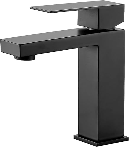 VOTON Grifo de baño negro mate 1 agujero, grifo de tocador de acero inoxidable para fregadero de baño con placa de cubierta mangueras de suministro