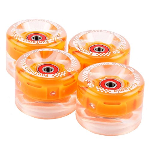 FunTomia 4 pieces LED Longboard/Skateboard Wheels (Big Wheels) 65x45 mm 80A incl. Mach1 Ball Bearings and Magnet Spacer (4x orange LED wheels)