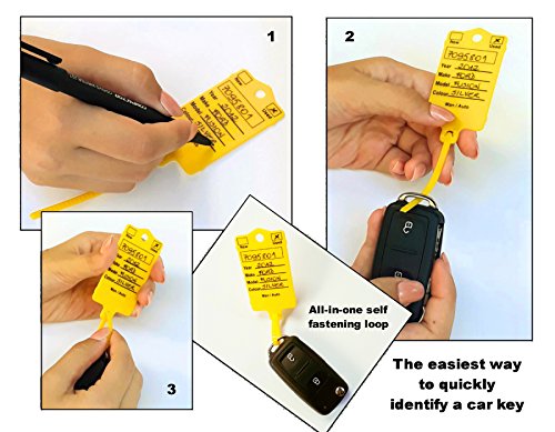 Car Key Tags For Dealerships - Yellow Self Locking Auto Car Key Tags Made Of Waterproof Plastic | Box Of 200 Auto Tags | No Folding, No Key Rings, No Laminated Key Tags Necessary Pen Included #TOP1