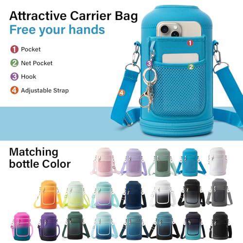 Insulated Water Bottle | Thickened Stainless Steel Vacuum Metal | Portable Sports Half Gallon Large Water Jug for Gym and Hiking with Straw, Carrier Bag, Handle Strap | BPA-Free 64 oz