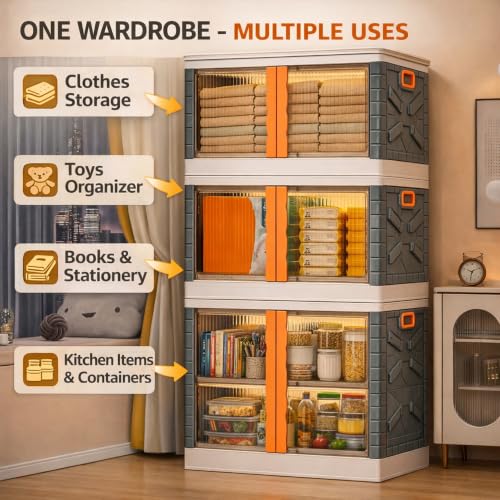 Image of BAMEOS ๐ ๐๐๐๐๐ Foldable Plastic Storage Cabinet with Double Transparent Doors | Dustproof Storage Organizer for Clothes, Toys, Books & Baby Essentials | Multipurpose Wardrobe Storage for Home