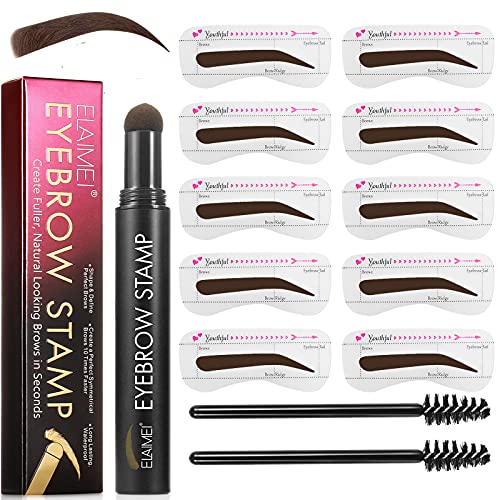 Eyebrow Stamp Stencil Kit, Brow Powder Stamp Makeup with 10 Reusable Eyebrow Stencils 2 Eyebrow Pen Brushes, Waterproof Eyebrow Stamp Makeup Tools for Women (Dark Brown)