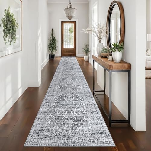 KUTA Vintage Washable Runners for Hallways 2.6x16, Non-Slip 16ft Extra Long Kitchen Runner Rug, Ultra Soft Printed Floral Medallion Stair Runners Indoor for Bedroom Grey White