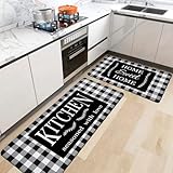 Black and White Buffalo Plaid Kitchen Rugs, Set of 2 Farmhouse Kitchen Quotes Checkered Kitchen Mats, Non-Skid Washable Anti Fatigue Comfort Standing Mats for Kitchen, Sink, 17.3x28+17.3x47 Inch