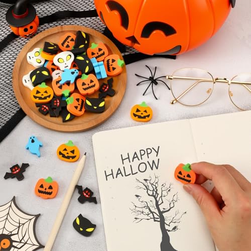 JUNEBRUSHS Halloween Radiergummis, 30 Stück Halloween Kleine Radiergummis Halloween Bleistift Radiergummis Fledermaus Kürbis Lustig für Kinder Schule Büro Geschenke