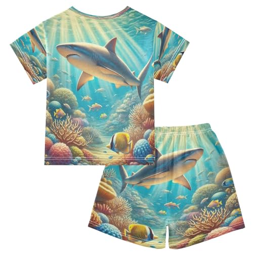 Shark Coral Pajama Set Short Sleeve Summer Pajamas Sleepwear Nightwear Set Cotton 5Y2
