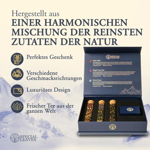 Special Leaves Tee Geschenkset – 3 Sorten: Grüner Tee, Schwarzer Tee & Chai-Tee, 45g - 100% natürliche, hochwertige Teemischungen, Geschenk Für Jeden Anlass – Power of Aroma