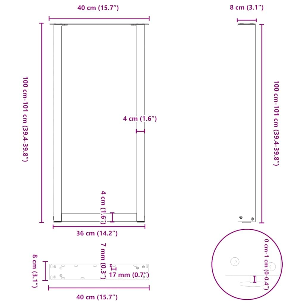 vidaXL Patas para Mesa de Bar en Forma de U (2 Unidades), Antracita, 40 x (100-101) cm, Acero