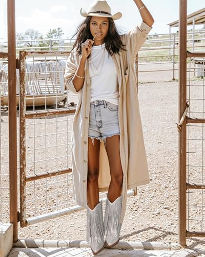 Ouepiano Cowboy Boots for Women - Cowgirl Rhinestone Boots with Sparkly Fringe Pointed Toe Western Boot Chunky Heel Pull-On Wide Calf Botas Vaqueras3