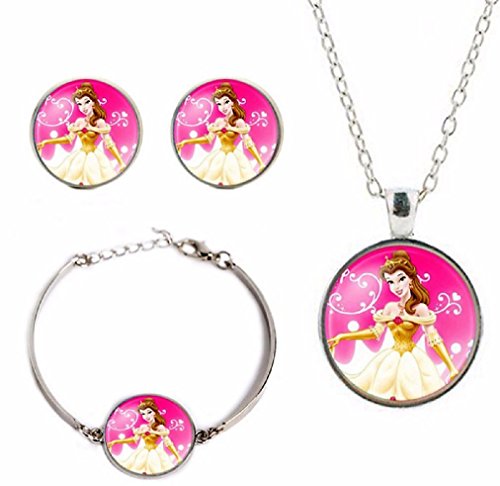 New Horizons Production Disney's Belle Princess Glass Domed Pendant Necklace, Earring, Braclet Jewelry Set New Horizons Production Disney's Belle Princess Glass Domed Pendant Necklace, Earring, Braclet Jewelry Set