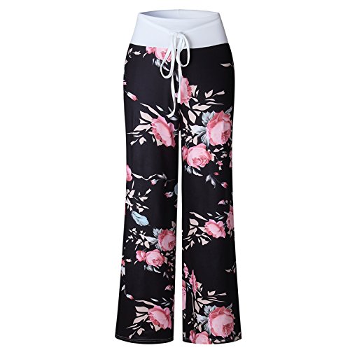 Image of iChunhua Women's Comfy Stretch Floral Print Drawstring Palazzo Wide Leg Lounge Pant