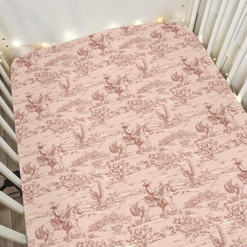 Image of Vintage Pink Cowgirl Cactus Baby Crib Sheets for Boy Girl 52"x28" Western Cowgirl Love Soft Stretchy Fitted Crib Mattress Cover Wild Desert Baby Sheet for Standard Crib & Toddler Mattress Pads