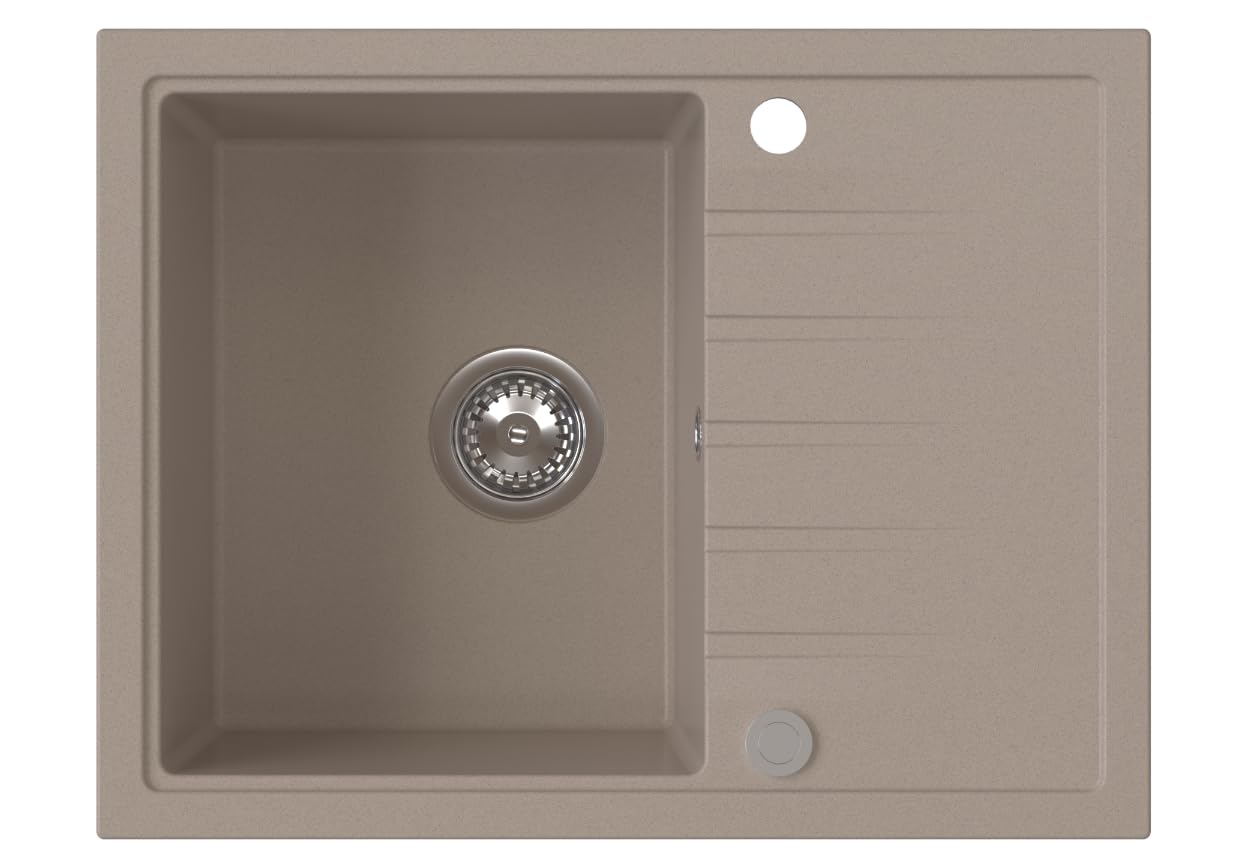 Fregadero AXION Una Cubeta Fregadero De Granito 65x50x20,5cm Beige, Fregadero De Cocina De Diseño Elegante Con Sifón, Escurridor, Fácil De Limpiar, Resistente A Los Arañazos