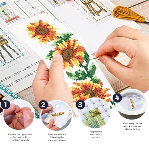 Image of FREEBLOSS 6 Set Sunflower Cross Stitch Bookmark Kits DIY Bookmarks Cross Stitch Kits Stamped Embroidery Bookmarks for Beginners Cross Stitch Projects for Book Lovers Embroidery Stitches Kit