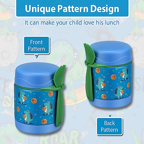 Image of Howeemo 10oz Soup Thermo for Hot Food Kids,Lunch Thermo Kids Food Jar with Spoon Hot Insulated Food Containers,Leak Proof Stainless Steel Wide Mouth Lunch Food Thermo Jar for School(Blue-Basketball)