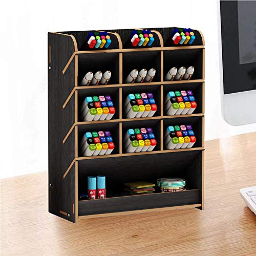 Image of Wooden Desk Organizer, Multi-Functional DIY Pen Holder Storage Box Desktop Stationary Storage Rack for Home, Office and School (Black)