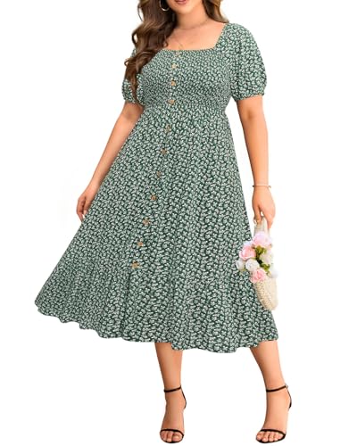 Plus Size Summer Boho Dresses Green Ditsy Floral Spring Beach Midi Flowy...
