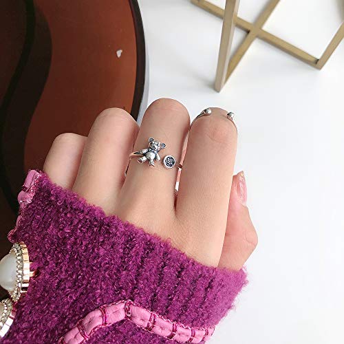 Lovely Bear Sterling Silver 925 Open Stacking Rings for Women Vintage Antique Black CZ Crystal Eternity Engagement Statement Ring Finger Band Cute Jewelry Adjustable4