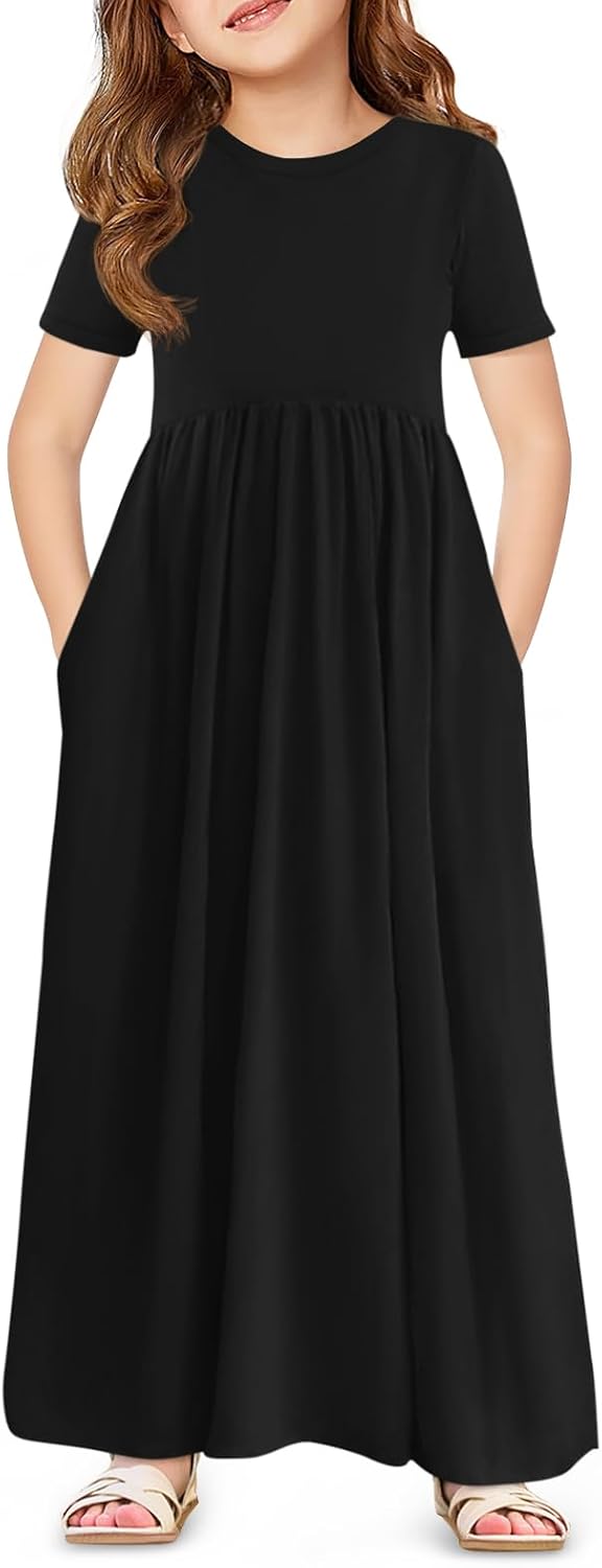 Haloumoning Girls Maxi Dress Short Sleeve Casual Holiday Summer Dress with Pockets for 5-14 Years