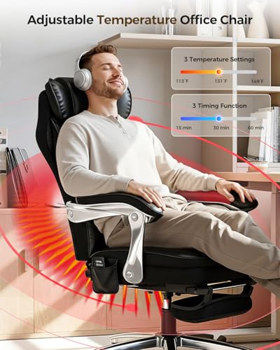 Image of Big and Tall Office Chair with Massage and Heat, 23.5 inch Wide Leather Office Chair with Back Support, Ergonomic Comfort 140 Reclining Desk Chairs Managerial Chairs for Heavy People