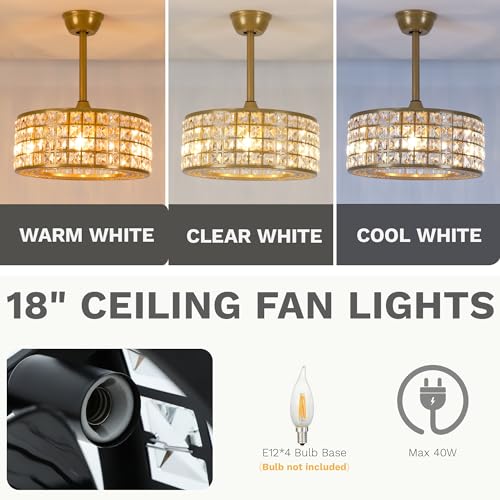 DWVO 18" Crystal Caged Ceiling Fan with Light, Modern Industrial Chandelier with Remote, 3 Speed & 3 Color Temperatures, Reversible Blades for Bedroom, Living Room - Gold