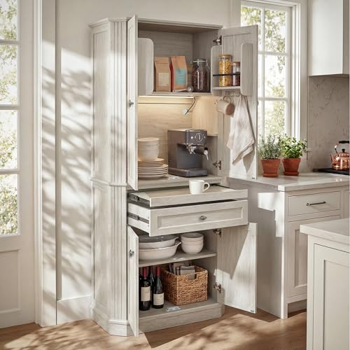 Image of 72.2 inch Tall Kitchen Pantry Cabinet with Doors, Farmhouse Storage Cabinet with Charging Station & LED Light, Drawer, Adjustable Shelves and Pull-Out Shelves, White Wood Pantry Cupboard for Dining Room