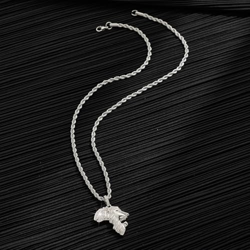 Silver Necklace for Men with Lion Pendant Stainless Steel Rope Chain White Gold Plated Lion King Mens Pendant Necklace Iced Out Hiphop Jewelry