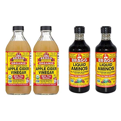 Bragg Organic Apple Cider Vinegar 16 Ounce, 2 Pack and Liquid Aminos 16 Ounce, 2 Pack Bundle
