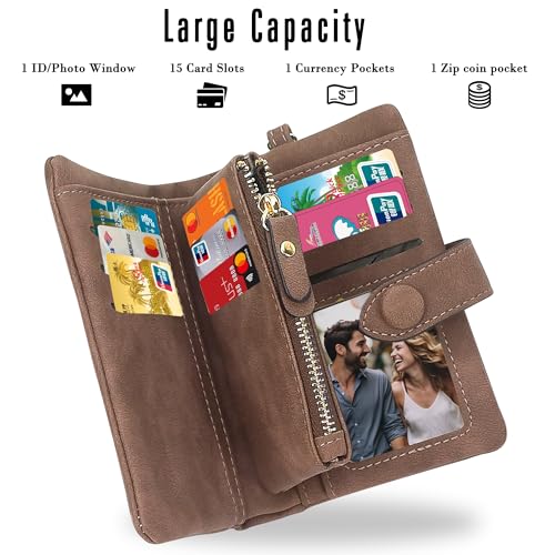 Image of CONISY Small Wristlet Wallets for Women, Leather Bifold RFID Wallet with ID Window Zipper Coin Purse | Small