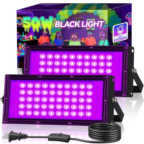 2 Pack 50W LED Black Light Blacklight Flood Light for Glow Party IP66 Waterproof Outdoor Black Lights with Switch&Plug for Halloween Glow in The Dark Neon Party Fluorescent Poster Birthday