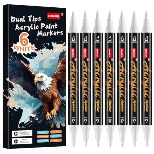 Image of 6 Pc White Acrylic Paint Pens Markers, Dual Tips Waterproof Paint Markers