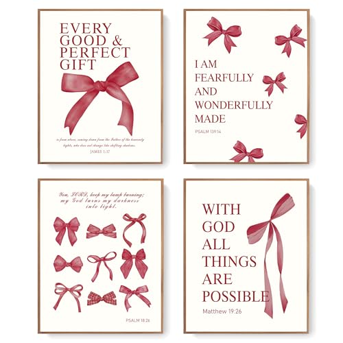 Image of LARTSFRO Coquette Red Bow Wall Art Decor Posters, Red Bow Christian Room Bedroom Bathroom Dorm Wall Art Decor Aesthetic for College Teen Girls Gifts, Inspirational Bible Verses Bow Wall Decor, 10x8 Inch Set of 4 Pcs Bow Pictures (UNFRAMED)