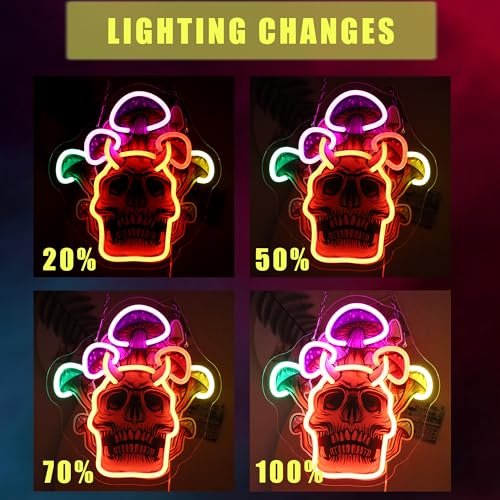 Image of Mushroom Skull Neon Sign For Wall Decor, Colorful UV Printed Neon Light with Retro Design, LED Artwork for Bar, Bedroom, Game Room, Party Decoration Holiday Birthday Gifts