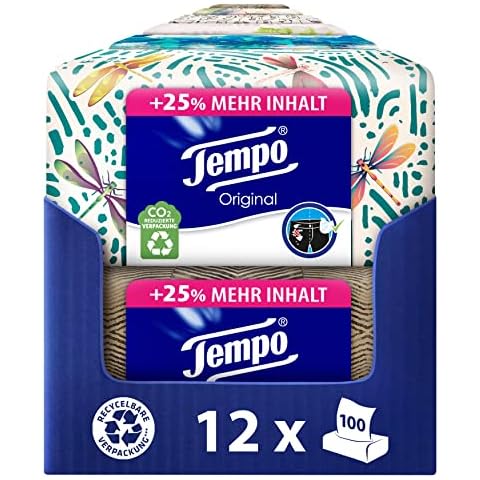 Tempo Original Taschentücher Duo-Box - Vorteilspack - 12 Boxen, 100 Tücher pro Box - extra starke, weiche Papiertaschentücher, waschmaschinenfest Cover