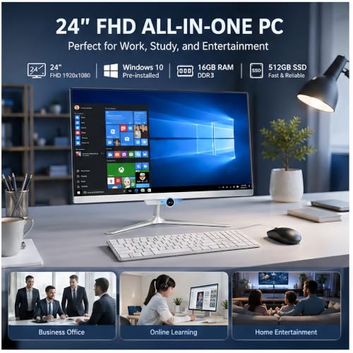 Image of All-in-One Desktop Computer 24 inch FHD Display Intel Core i7 up to 4.0GHz 16GB RAM 512GB SSD Windows 10,White