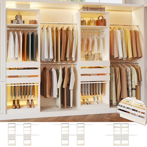 Closet System, 5.7-10.4FT Closet Organizer System with 6 Wood Drawers & LED Glasstop, Wood Walk-in...