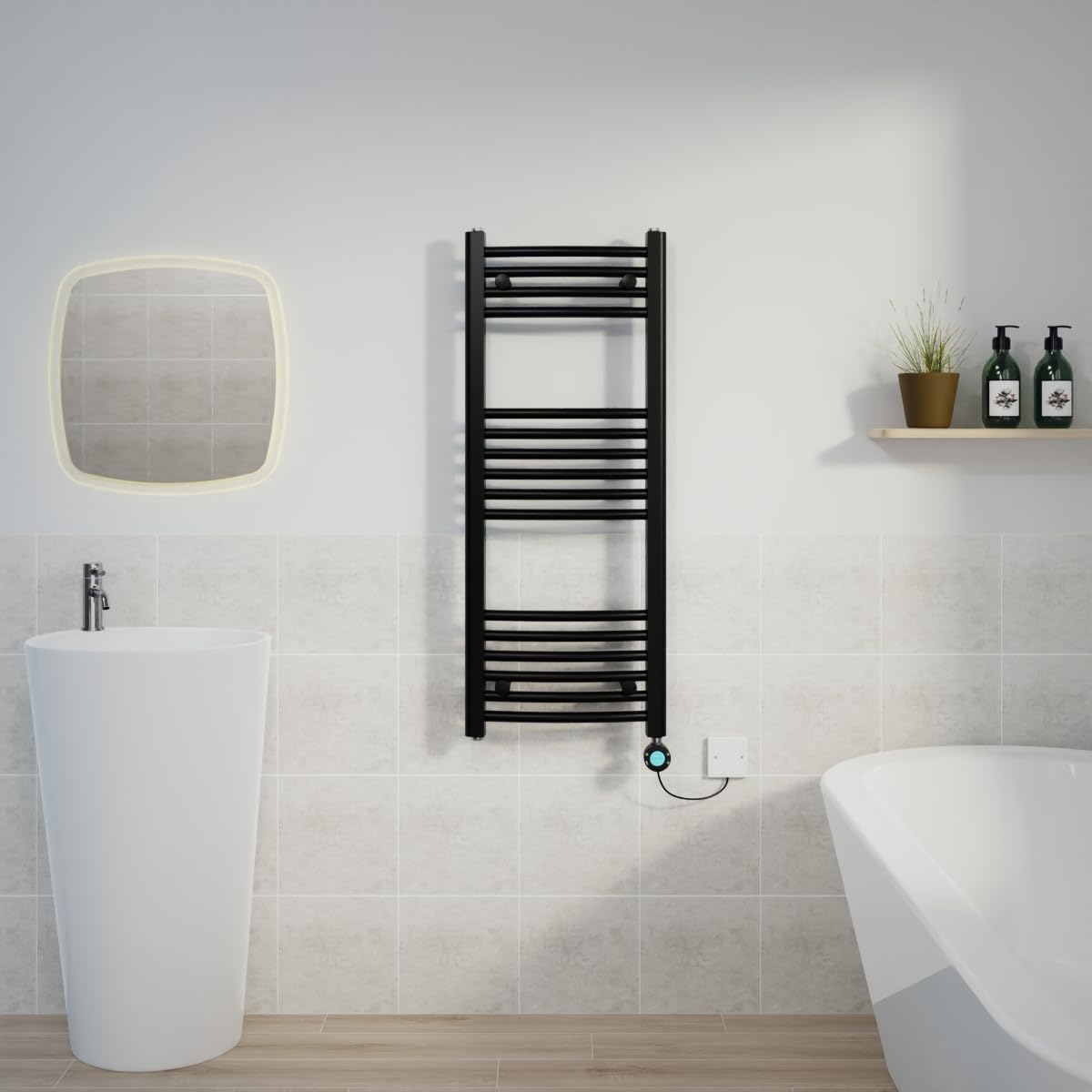 Warmehaus Black Electric Heated Towel Rail Curved Thermostatic Bathroom Towel Radiator With Timer Prefilled - 1000X400mm 400W