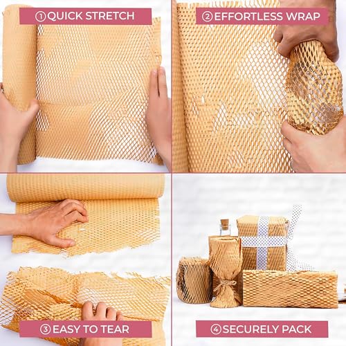 Image of GLUN Honeycomb Paper Wrap Roll 10m x 15inches, Pack of 5, Eco-Friendly Protective Packaging for Fragile Items, Lightweight & Recyclable