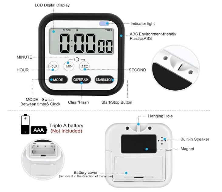 Image of Stopwatch Timer for Study Kitchen Timer Large LCD Screen 24hr Digital Display Magnetic Retractable Stand Loud Alarm Stop Watch Countdown Flashing Light Study Timer for Students Cooking