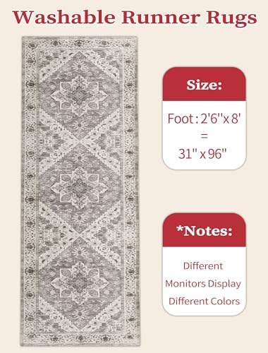 SERISSA Boho Washable Runner Rug, 2'6"x8' Non-Slip Vintage Earth Tone Hallway Kitchen Runner Rug Ultra Soft Print Distressed Floor Carpet for Bedroom Bathroom Laundry Room
