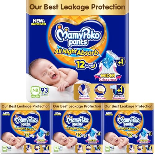 Image of MamyPoko New Pants All Night Absorb|Pantstyle Baby Diapers New Born Size(XS), 93 Count,Ideal for upto 5Kgs|1 Diaper:Upto All Night Absorption now with increased power of +1glass|Wider Crisscross Sheet