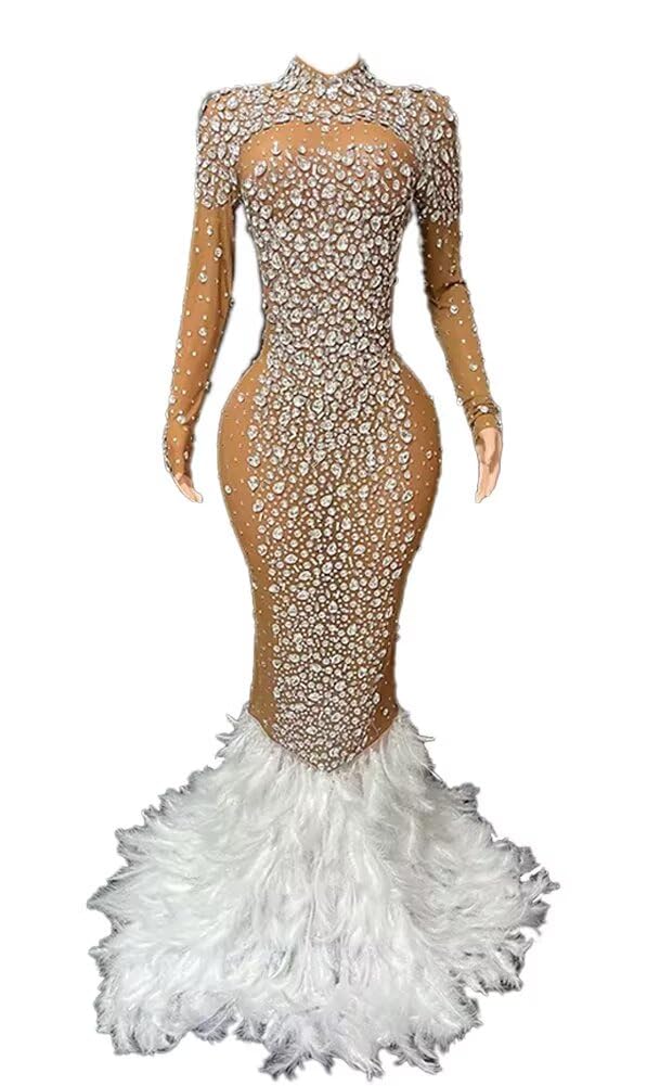 Tulle Half Transparent Rhinestone Sparkly Prom Dress Womens Feather Long Ball Celebrity Gala Pageant Evening Party Gown