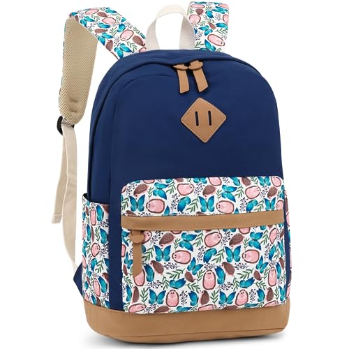 Image of Leaper Preppy School Backpack for Girls: 7 Multi Function Pockets and 2 Water Bottle Pockets with 14'' Laptap - 360 Cushioning Protection Cute Canvas Bookbag for Teens(Dark Blue)